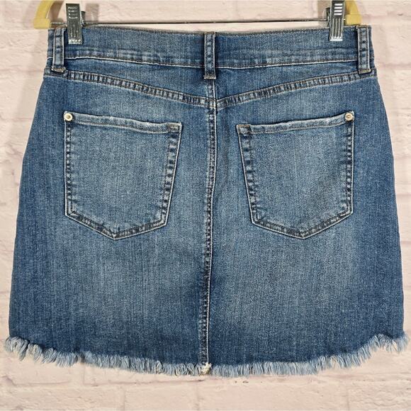M Just USA Denim Distressed Blue Jean Skirt Womens Size L Frayed Stretch Mini - Picture 5 of 9